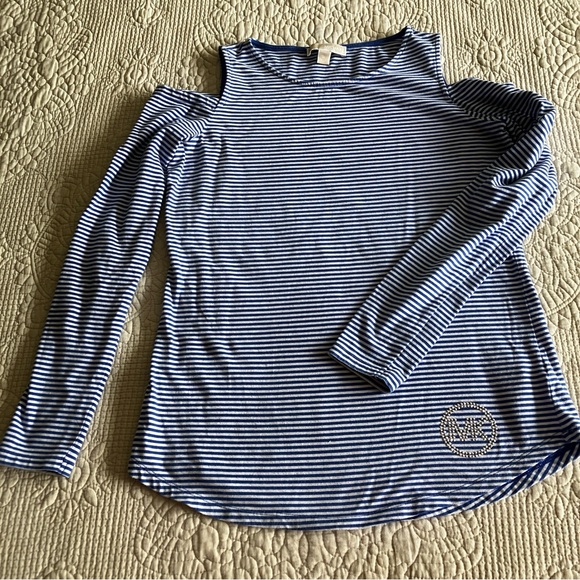 Michael Kors blue/white cotton cold shoulder long sleeve top - Picture 1 of 8
